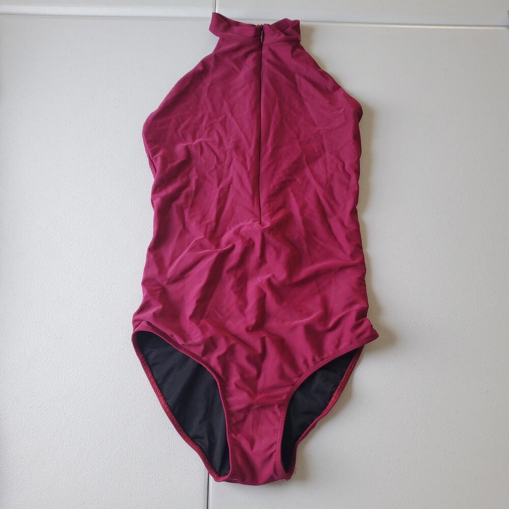 Ballet Rosa High-Neck Zip Front Open Low Back Leotard Adult L Burgundy LIKE-NEW